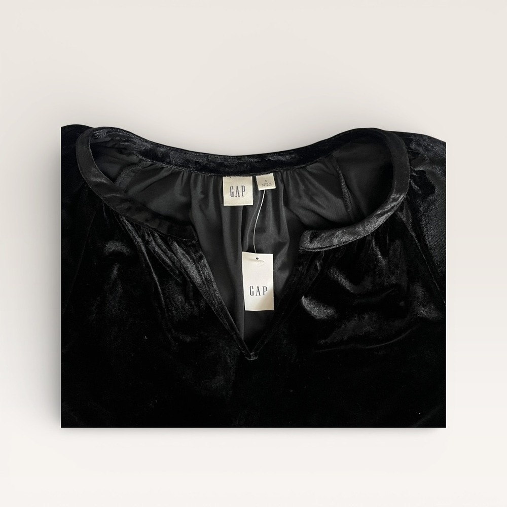 GAP Black Velvet Puff Sleeve Blouse Split Neck Top Womens Size S New With Tags - Picture 5 of 9